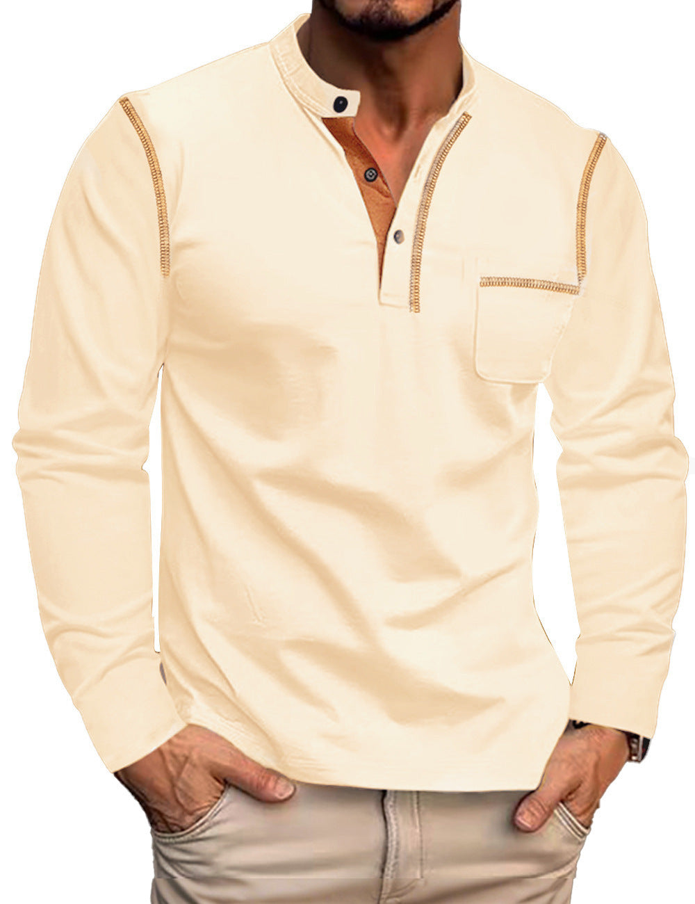 Herren nan legeres Langarm-Henleyshirt mit Stehkragen Knopfleiste und Brusttasche Drune