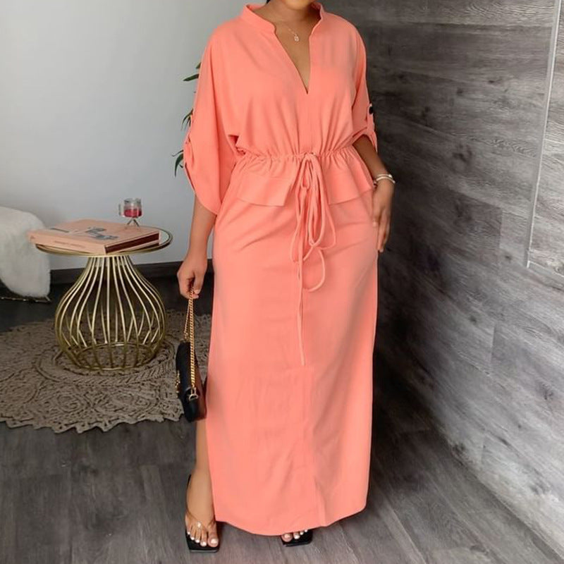 Damen Elegantes Maxikleid mit taillierbarem Gürtel und weit geschnittenen Ärmeln Drune