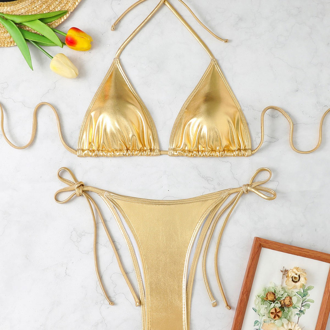 Damen Triangel-Bikini mit eleganter Metallic-Oberfläche und verstellbaren Bindebändern Drune