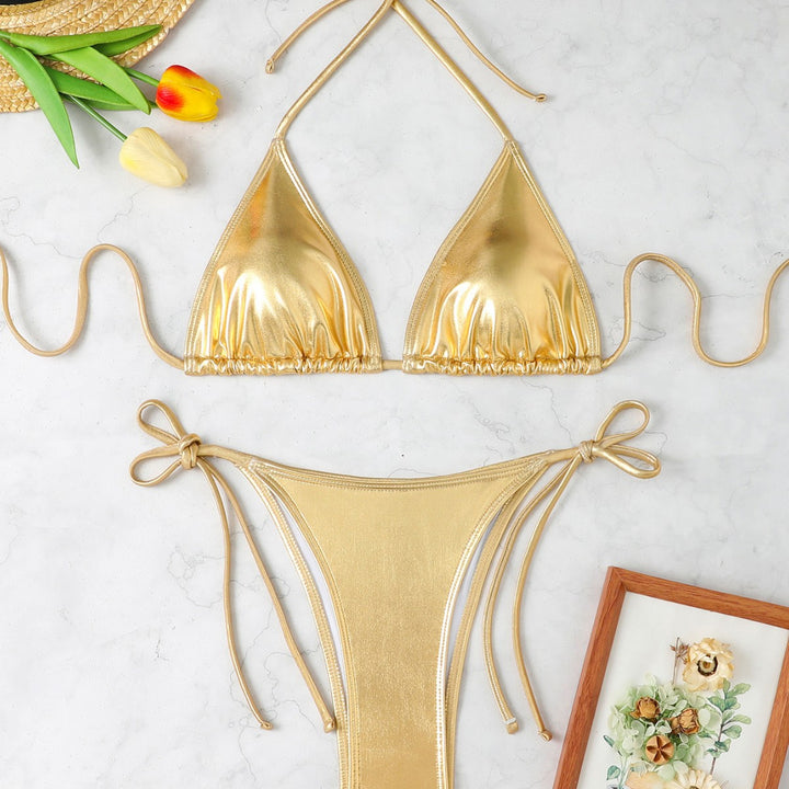 Damen Triangel-Bikini mit eleganter Metallic-Oberfläche und verstellbaren Bindebändern Drune