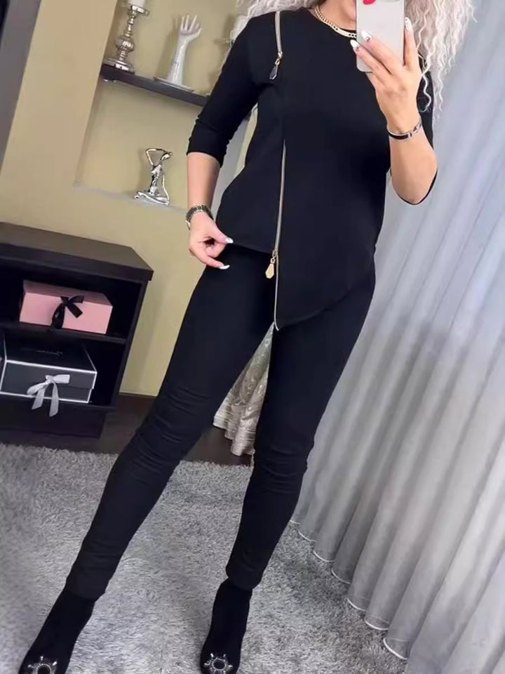 Damen modisches Velours-Loungewear-Set mit Reißverschluss Drune