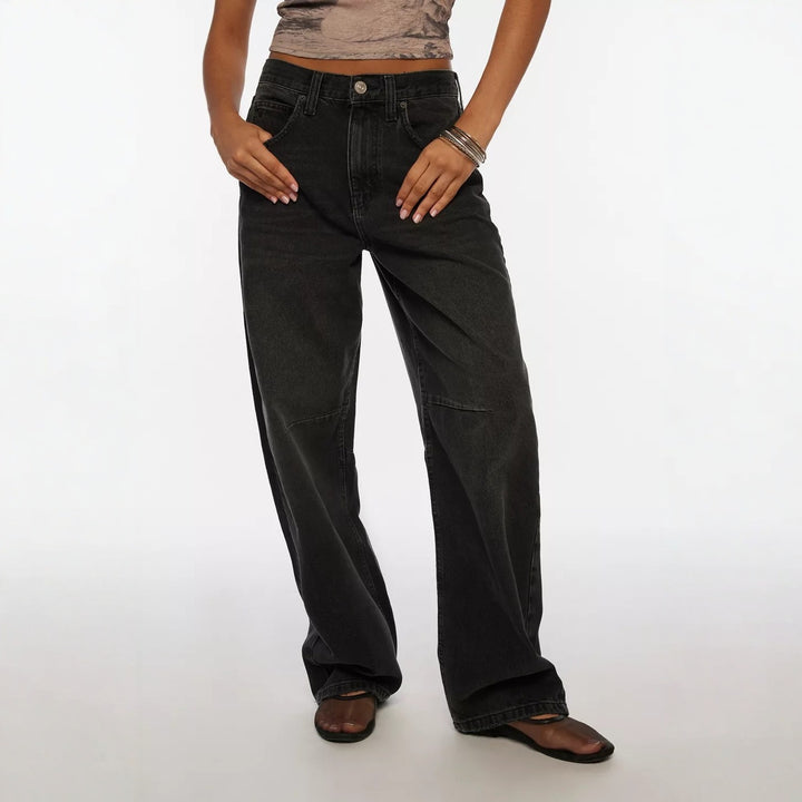 Damen lässige weite Jeans mit hoch geschnittenem Bund und seitlichen Taschen Drune