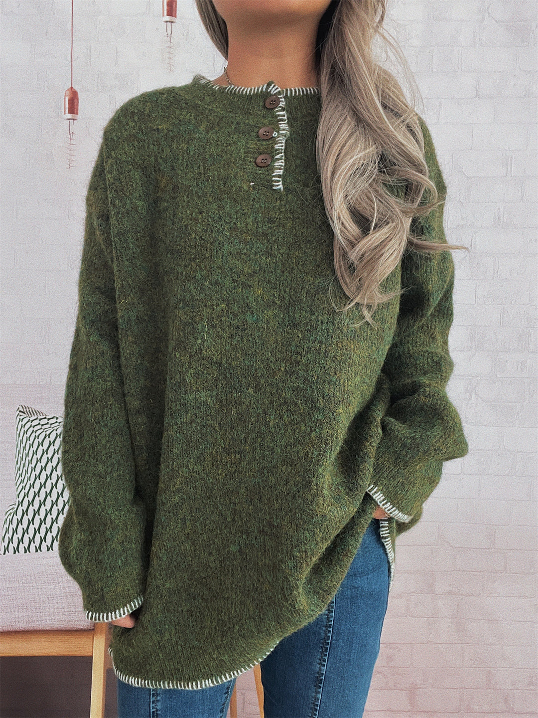 Damen Oversize Strickpullover mit Knopfleiste Drune