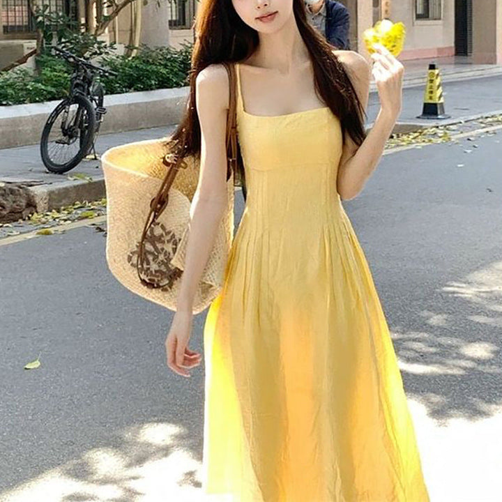 Damen Langarm-Midi-Kleid mit schmalem Spaghettiträger und tailliertem Schnitt
