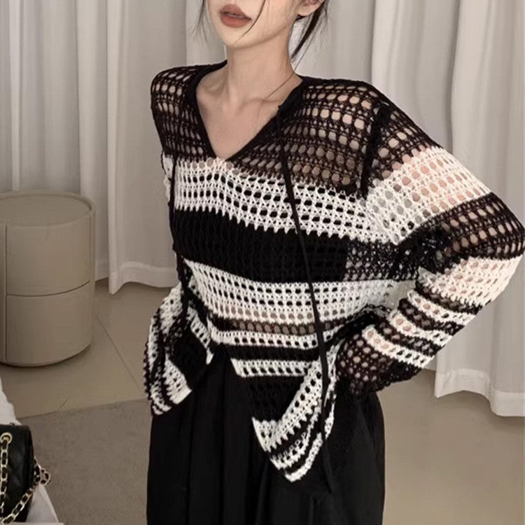Damen luftiger Strickpullover mit modernem Netzdesign und langen Ärmeln Drune