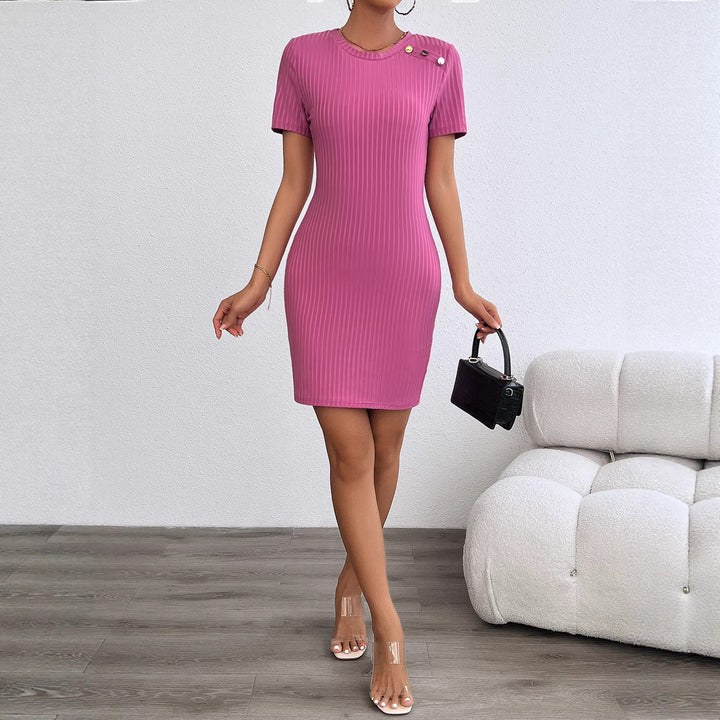Damen Kurzarm Kleid mit strukturiertem Design und dekorativen Knöpfen Drune