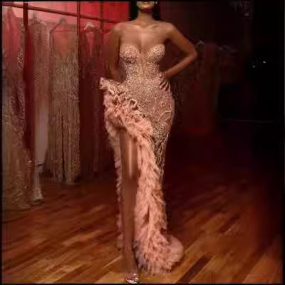Damen Figurbetontes Abendkleid mit schimmernden Perlen und Rüschendetails Drune