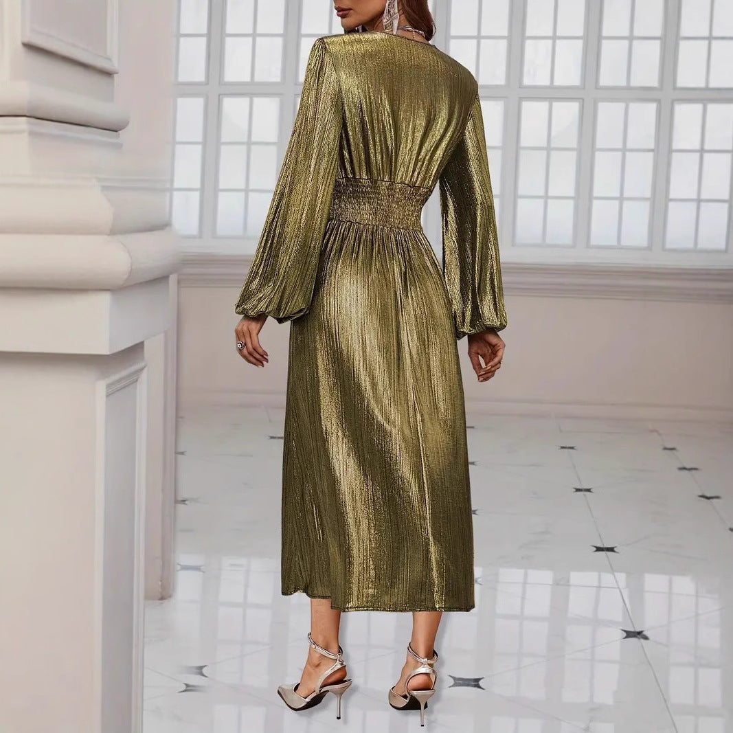 Damen Elegantes Midikleid mit metallischem Glanz und raffinierten Puffärmeln Drune