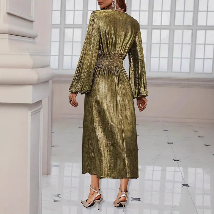 Damen Elegantes Midikleid mit metallischem Glanz und raffinierten Puffärmeln Drune