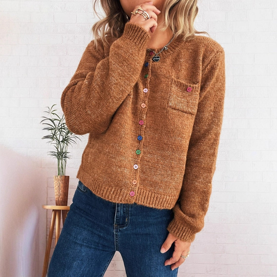 Damen kuschelige Strickjacke mit bunten Knöpfen und zwei Taschen Drune