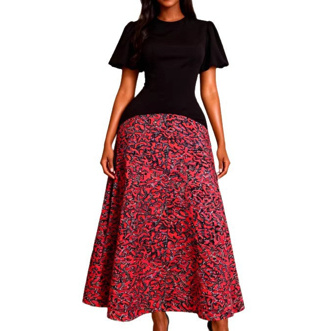 Damen Elegantes Maxikleid mit grafischem Muster und Puffärmel Drune