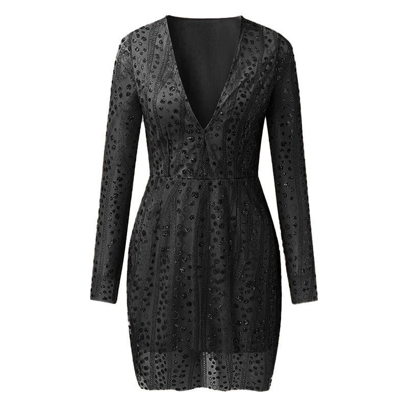 Damen Elegantes Cocktailkleid mit tiefem V-Ausschnitt und funkelnden Pailletten Drune