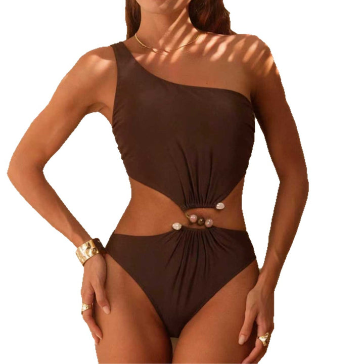Damen asymmetrischer Cut-Out-Badeanzug mit Schmuckdetails Drune