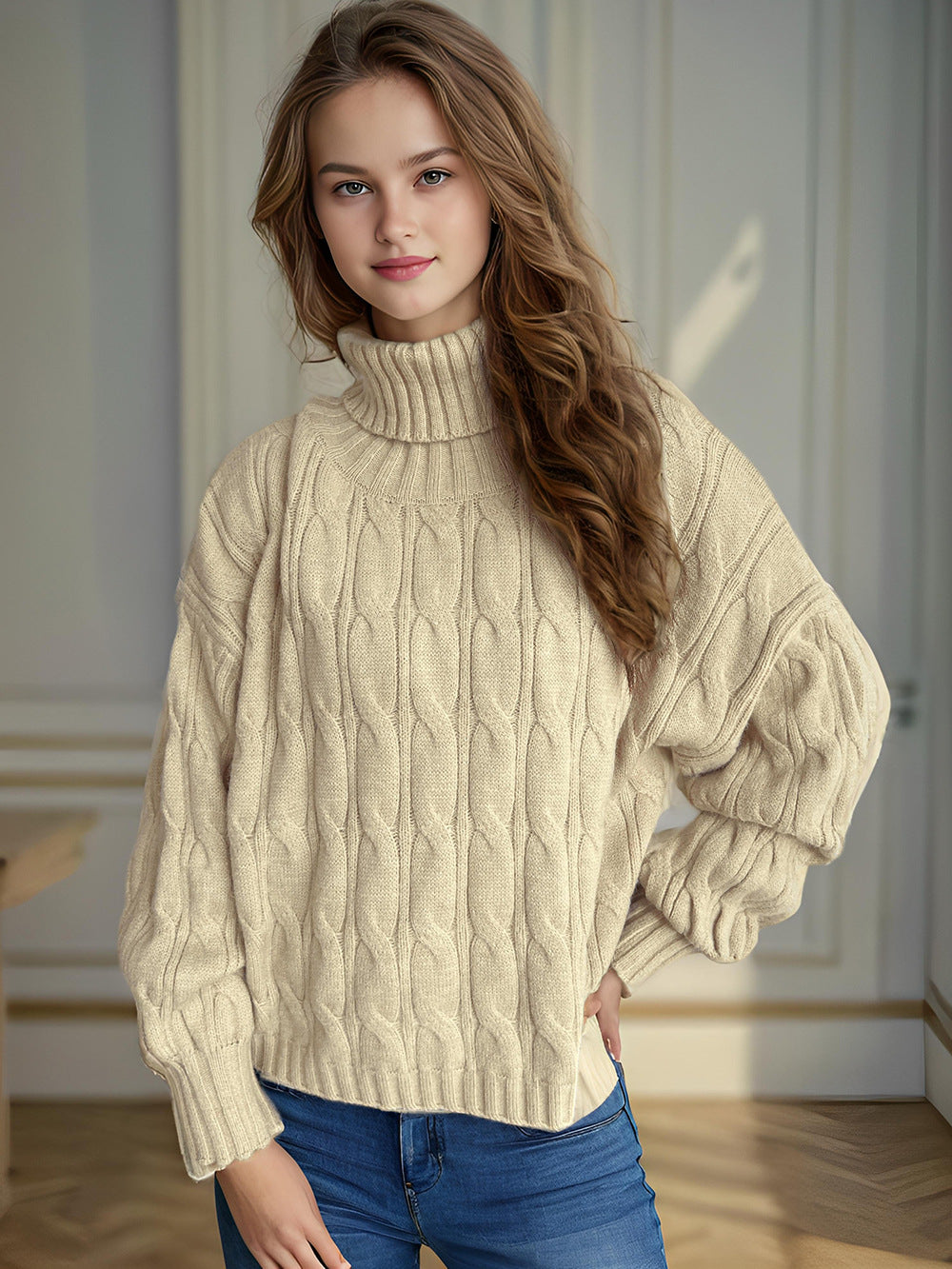 Damen Strickpullover mit hohem Kragen und strukturierter Zopfoptik Drune