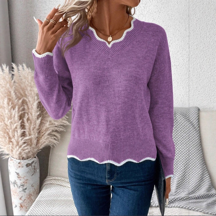 Damen legerer V-Ausschnitt Pullover mit gezacktem Saum Drune