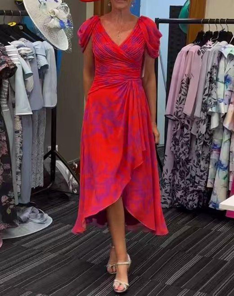 Damen nan festliches Chiffon-Midikleid mit gekreuztem V-Ausschnitt, taillenraffung und asymmetrischem Tulpenrock Drune