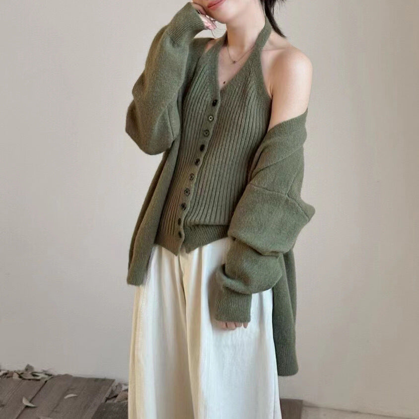 Damen Grobstrickjacke mit abnehmbaren Ärmeln und Knopfdetails Drune