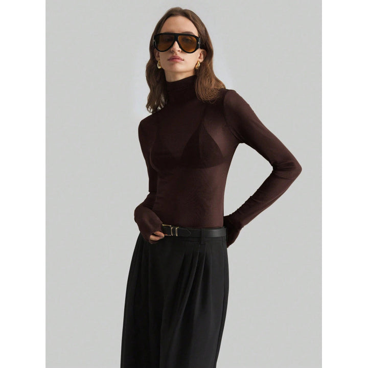 Damen Elegantes langärmliges transparentes Oberteil mit hohem Kragen Drune