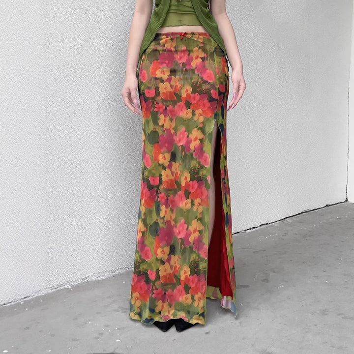 Damen Maxi-Rock mit floralem Chiffon-Design und seitlichem Schlitz Drune