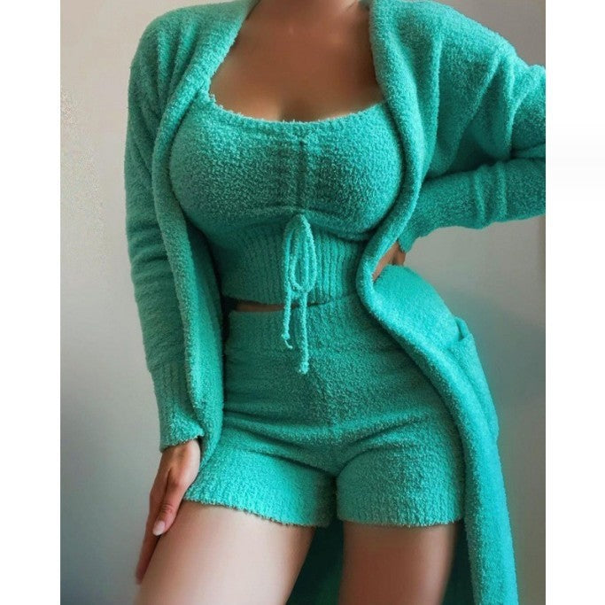 Damen nan luxuriöses Teddy-Fleece Lounge-Set mit Longcardigan, gerafftem Cropped-Bustier und Highwaist-Hose Drune