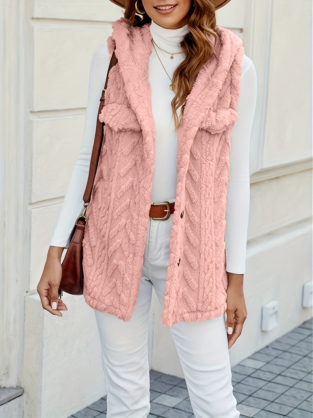 Damen Strickweste mit Kapuze und Taschen Drune