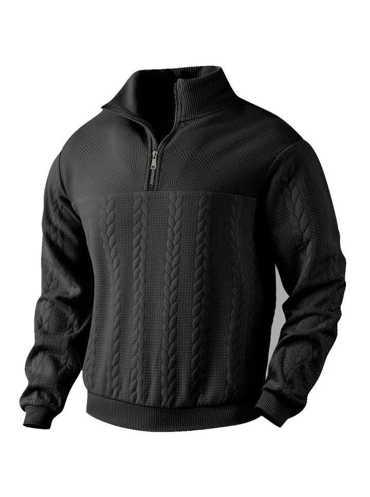 Herren nan texturierter Strickpullover mit Halbzip, geflochtenem Zopfmuster und hohem Stehkragen Drune