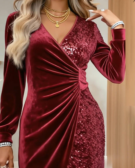Damen Glamouröses Wickelkleid mit Pailletten und schimmernden Details Drune