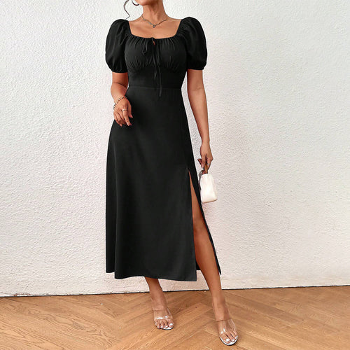 Damen elegantes Maxikleid mit Puffärmeln und seitlichem Schlitz Drune
