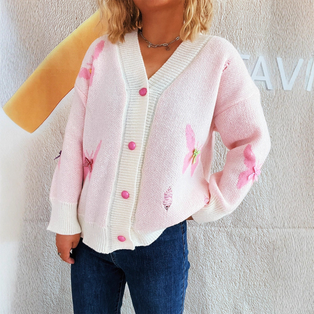 Damen Strickjacke mit verspieltem Schmetterlingsdesign und Knopfverschluss Drune