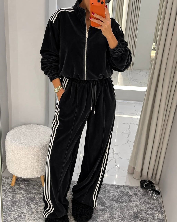 Damen sportlicher Velours-Jogginganzug mit hochgeschlossenem Kragen und elastischem Bund Drune