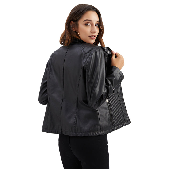 Damen nan taillierte Biker-Kunstlederjacke mit Stehkragen und gesteppter Seitenpartie Drune