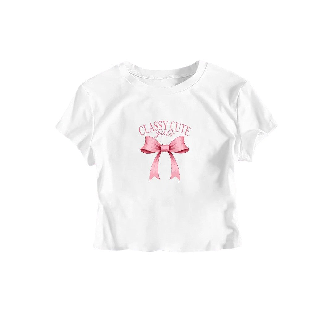 Damen Crop-T-Shirt mit raffiniertem Schleifenaufdruck Drune