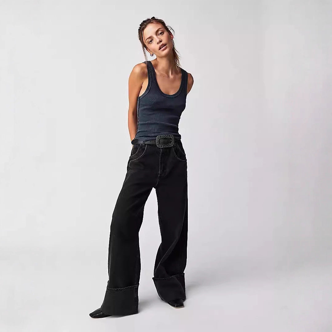 Damen Weite Jeans mit umgeschlagenem Saum