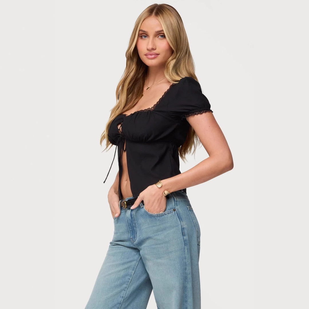 Damen Crop-Oberteil mit Spitzenbesatz und Schnürdetail Drune