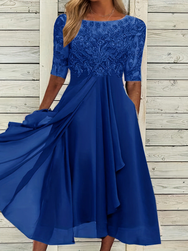 Damen nan elegantes Cocktailkleid mit bestickter Korsage, U-Boot-Ausschnitt und fließendem Chiffonrock Drune