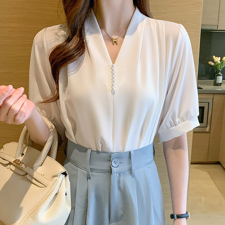 Damen Bluse mit elegantem V-Ausschnitt und feinen Perlendetails Drune