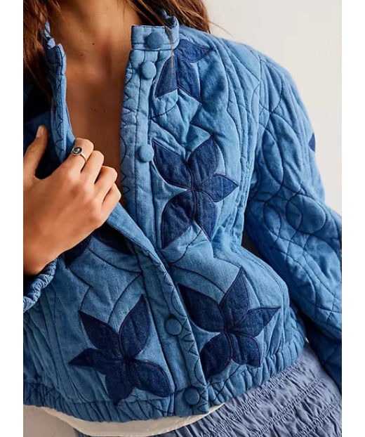 Damen gesteppte Bomberjacke mit floralem Design und elastischen Bündchen Drune