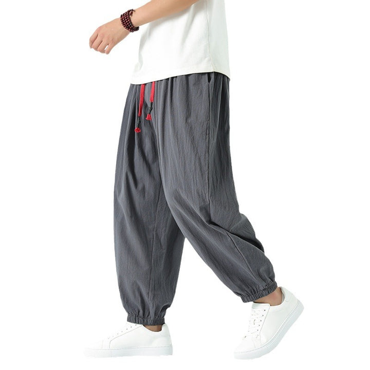 Herren nan locker geschnittene Leinen-Baumwoll Hose mit Kordelzug und elastischen Bündchen Drune
