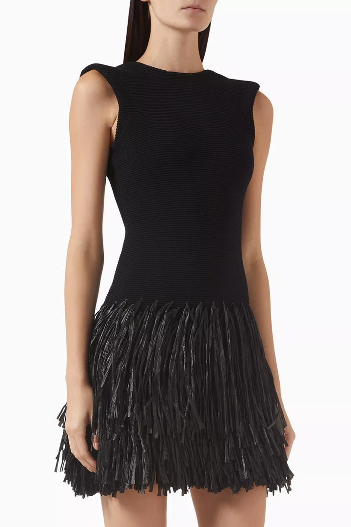 Damen Figurbetontes Mini-Kleid mit Fransen und Rundhalsausschnitt Drune