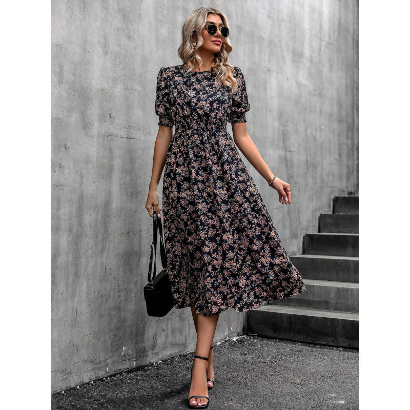 Damen Leichtes Blumendruck Maxi Kleid mit Smock-Taille Drune
