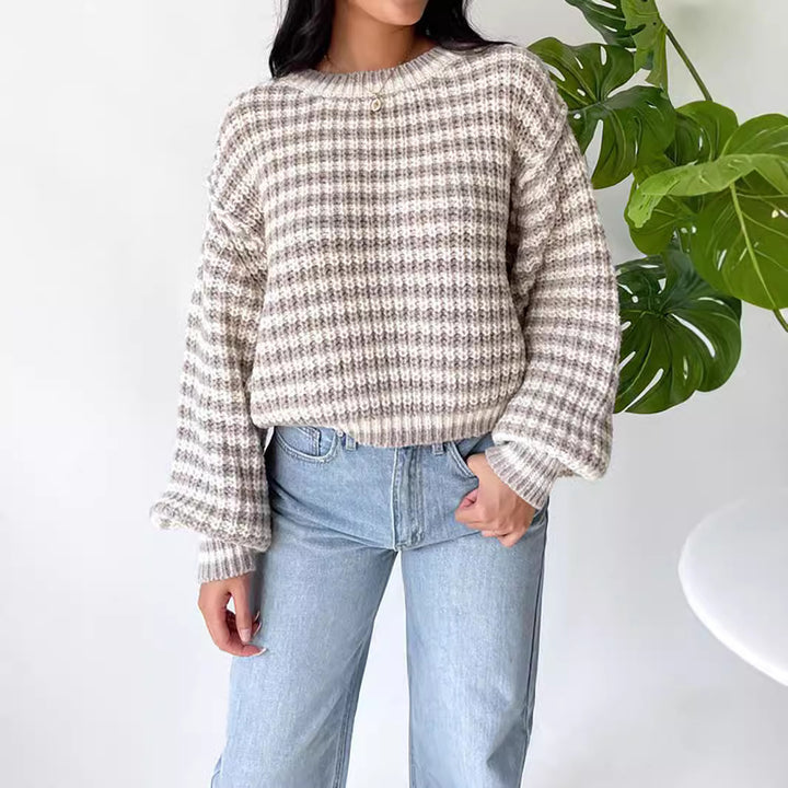 Damen Cropped Strickpullover mit weit ausgestellten Ärmeln und Streifenmuster Drune