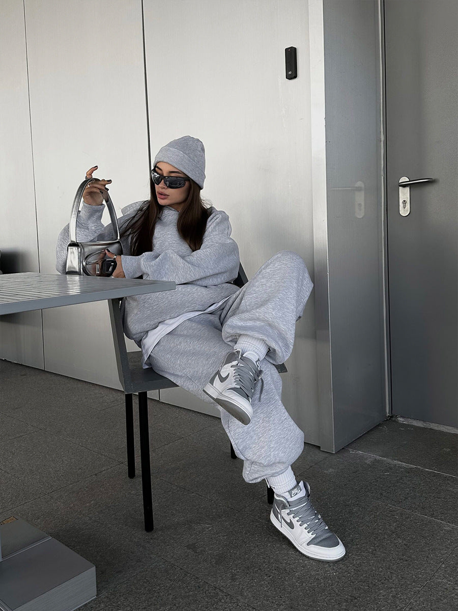 Damen gemütlicher Fleece-Loungewear-Anzug mit hohem Kragen Drune