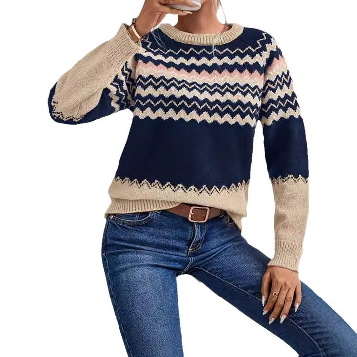 Damen trendiger Strickpullover mit geometrischem Zickzack-Muster und Rundhalsausschnitt Drune