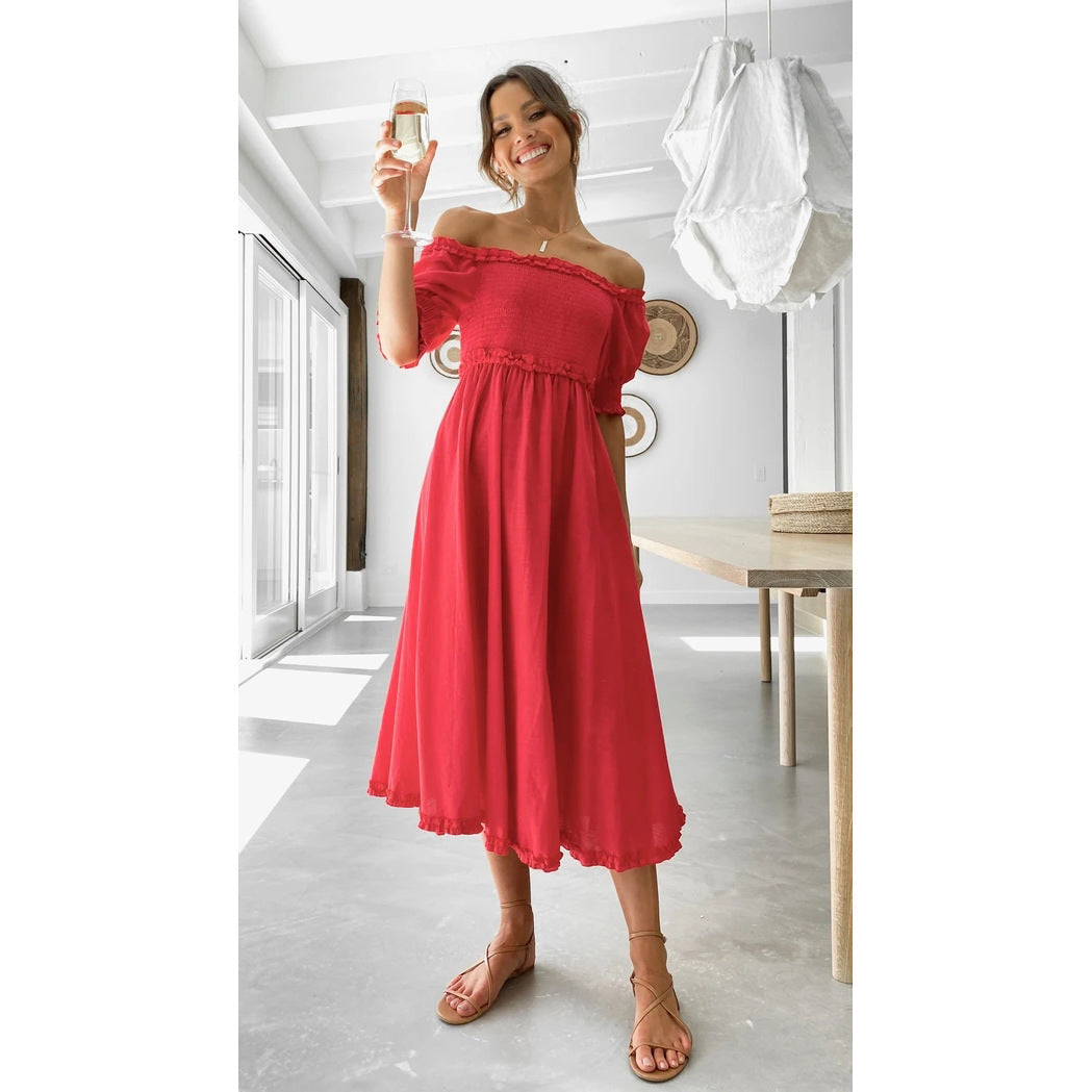 Damen Off-Shoulder Midikleid mit luftiger Silhouette und Rüschendetails Drune