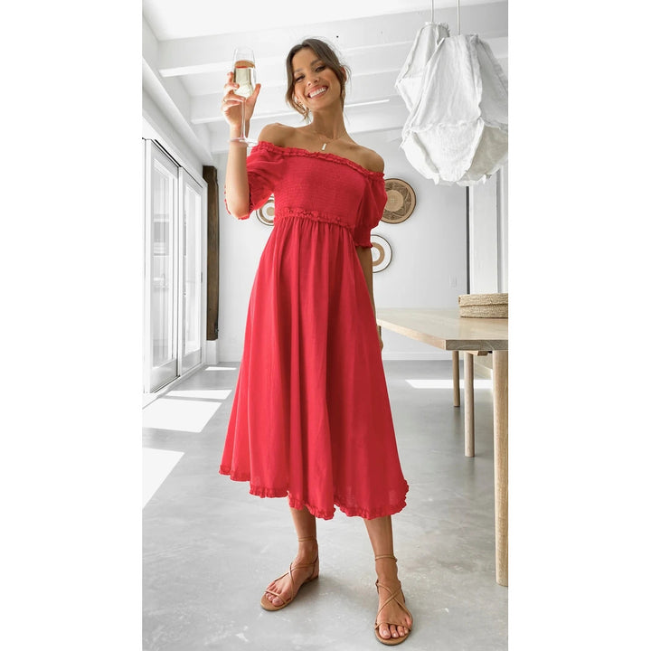 Damen Off-Shoulder Midikleid mit luftiger Silhouette und Rüschendetails Drune