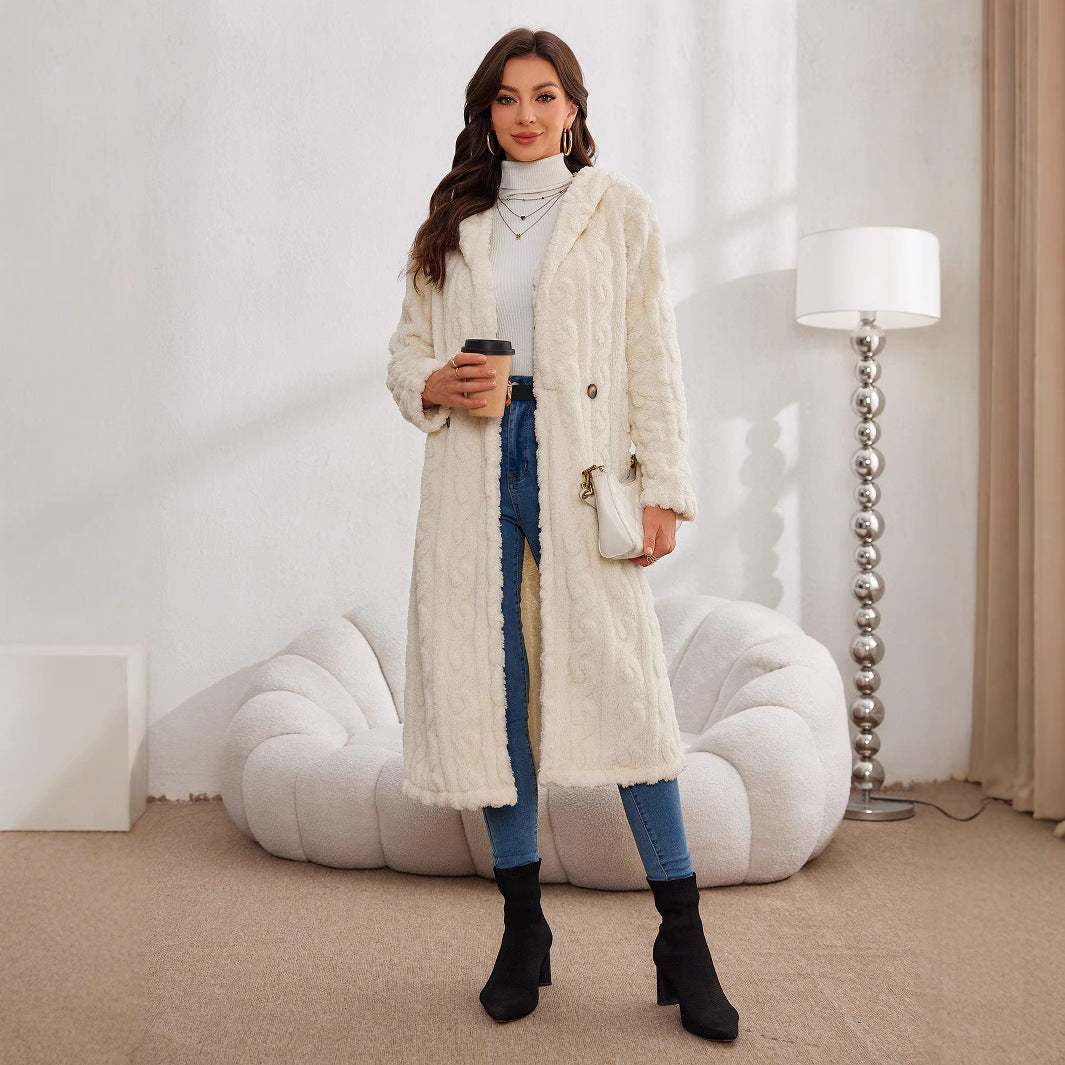 Damen Langer Plüsch-Mantel mit Kapuze Drune