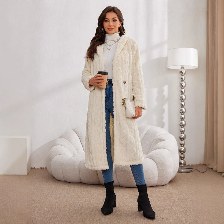 Damen Langer Plüsch-Mantel mit Kapuze Drune