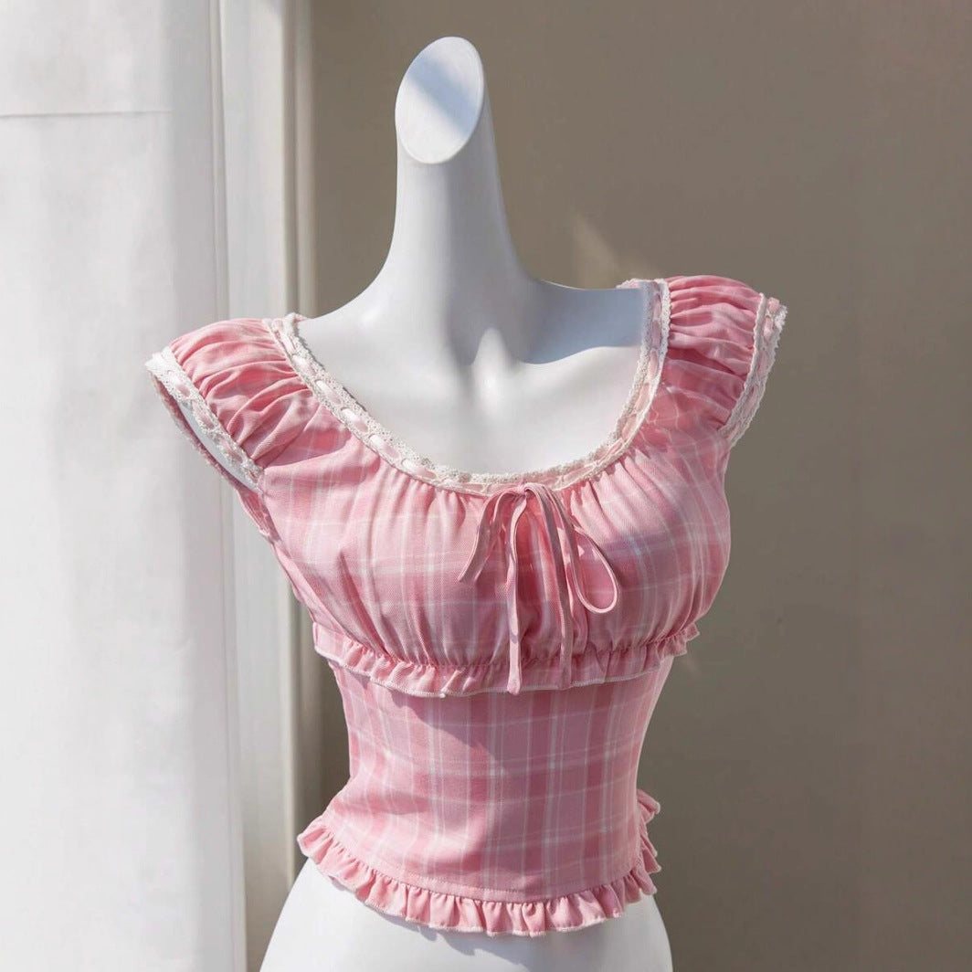 Damen verspieltes Karomuster-Crop-Top mit Rüschendetails und Kordelzug Drune