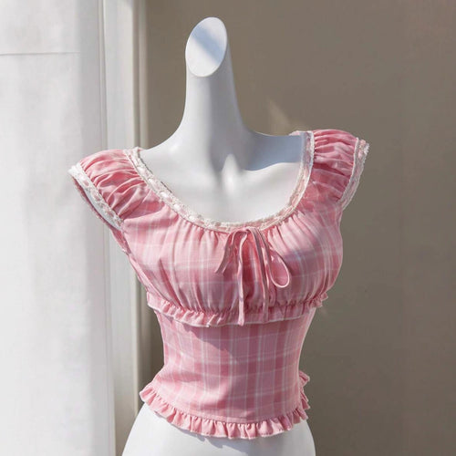 Damen verspieltes Karomuster-Crop-Top mit Rüschendetails und Kordelzug Drune
