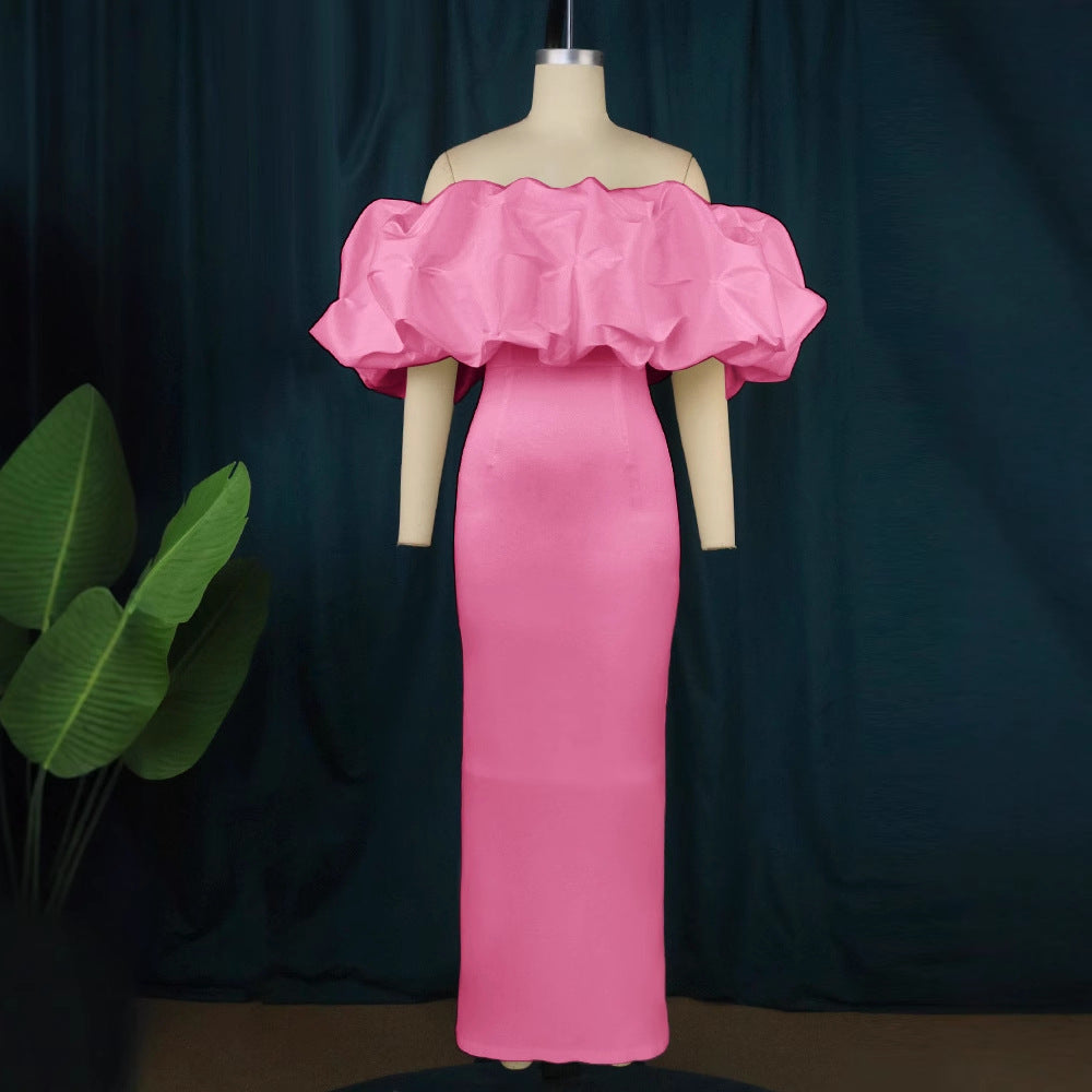 Damen Elegantes Off-Shoulder Maxikleid mit voluminösen Rüschensäumen Drune